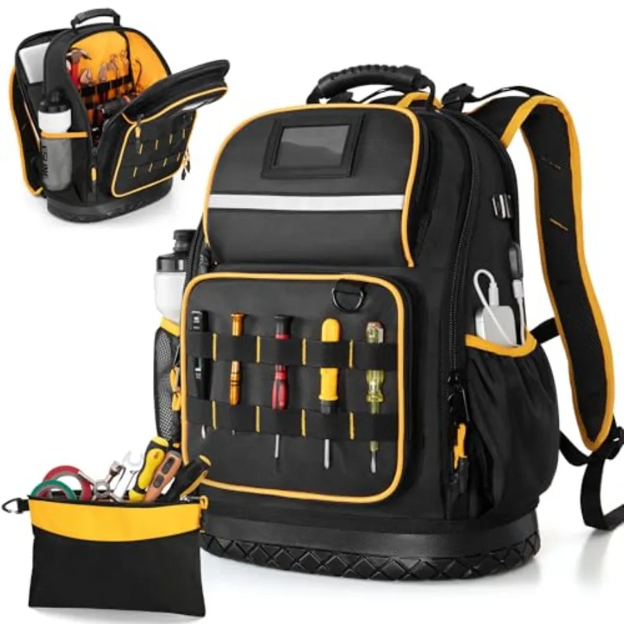 

Tool Backpack with Hard Bottom and a Tool Pouch Heavy Duty Tool Bag with Multiple Pockets and Laptop Sleeve Black