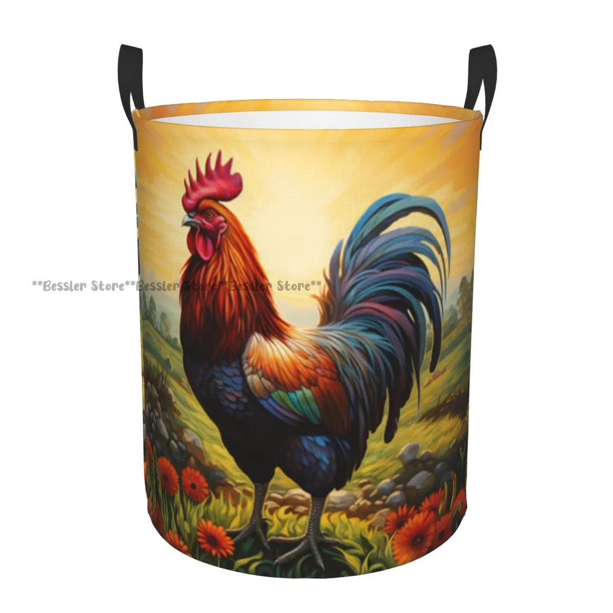 Foldable Laundry Basket for Dirty Clothes Rooster Standing Field Sunrise Majestical Trader Brass Beak Sublime Storage Hamper