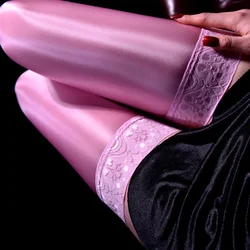 Colorful 80D Lace Top Silicone Hold Up Thigh High Stockings Vintage Oil Shiny Silky Stockings Women Sexy Pole Dance Clubwear