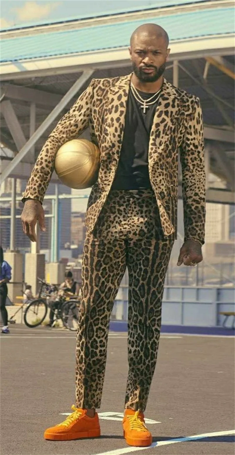 Leopard Printed Velvet Men Suit Set 2 Piece Blazer+Pant Trousers Customized Formal Office Jacket Wedding Tuxedos Male Coat