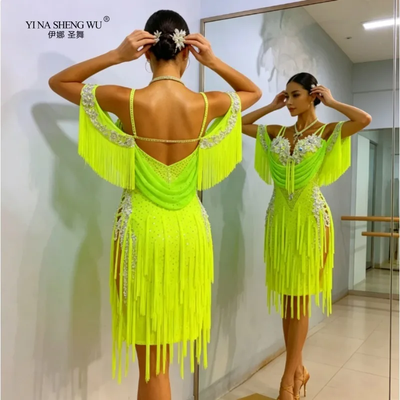 Tassel Latin Dance Competition Dress, Professional Performance Dress, Tassel Skirt, Glitter, Multiple Colors