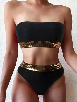Sexy Bandeau-Bikini mit hoher Taille, 2023, Damen-Dreieck-Badeanzug, Stichdetail, Bademode, gepolsterter Badeanzug, weiblich, solide Strandmode