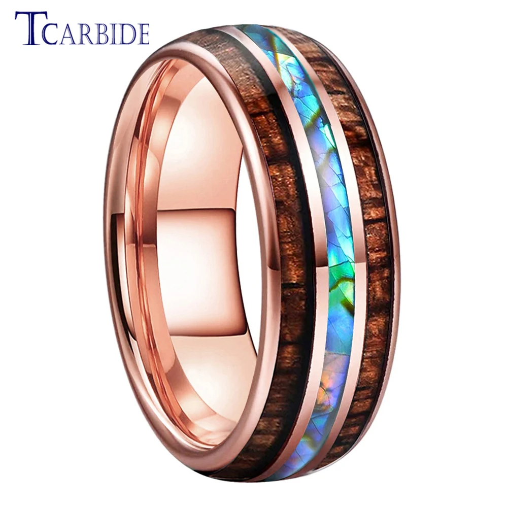 

Dropshipping 8MM Gold Tungsten ring Men Women Nice Wedding Band With Abalone Shell and Wood Inlay Comfort Fit