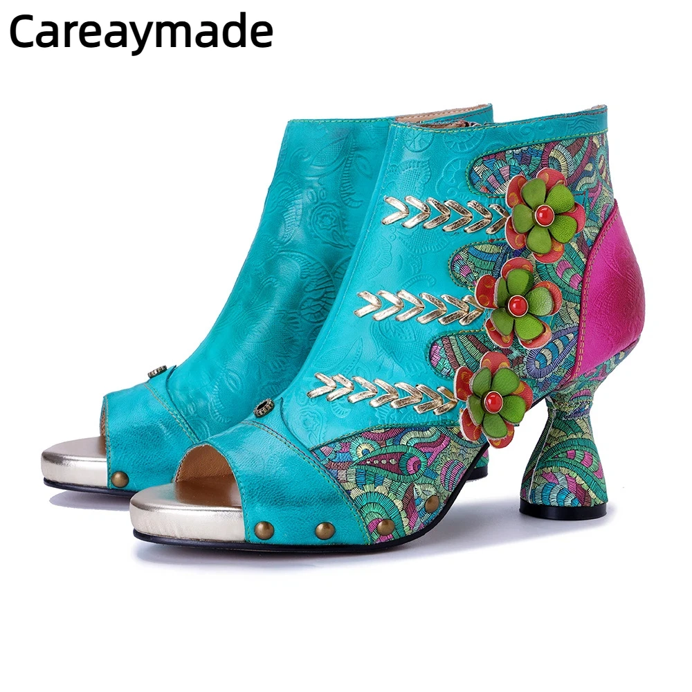 Careaymade-Handmade Embroidered Flower High-heeled Sandals Summer Retro decal splice Genuine Leather Peep Toe Women's Shoes