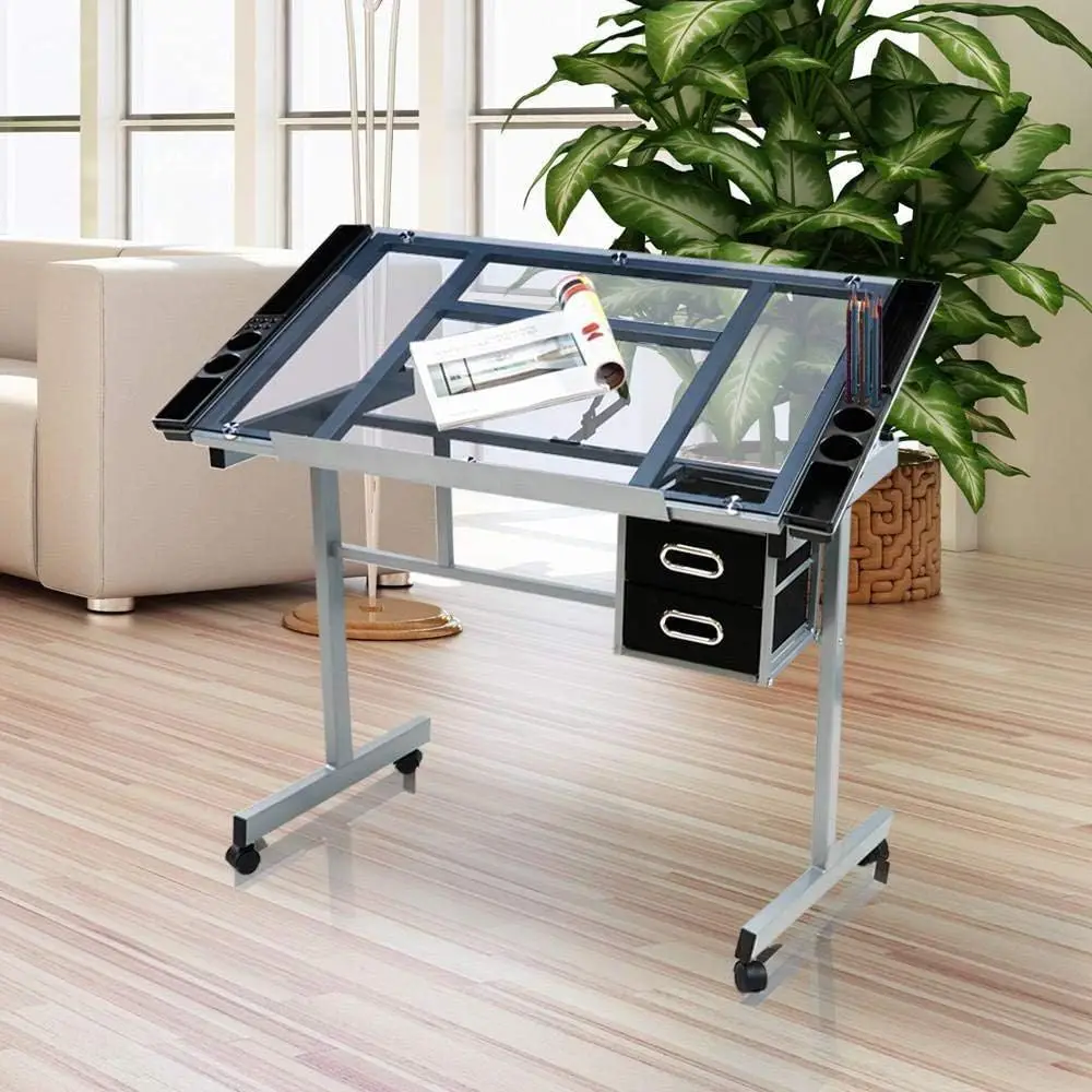 Adjustable Drafting Draft Table Glass Drawing Desk Tiltable Tabletop w/Stool and Storage Drawers for Reading, Writing, Painting Art Craft Work Station