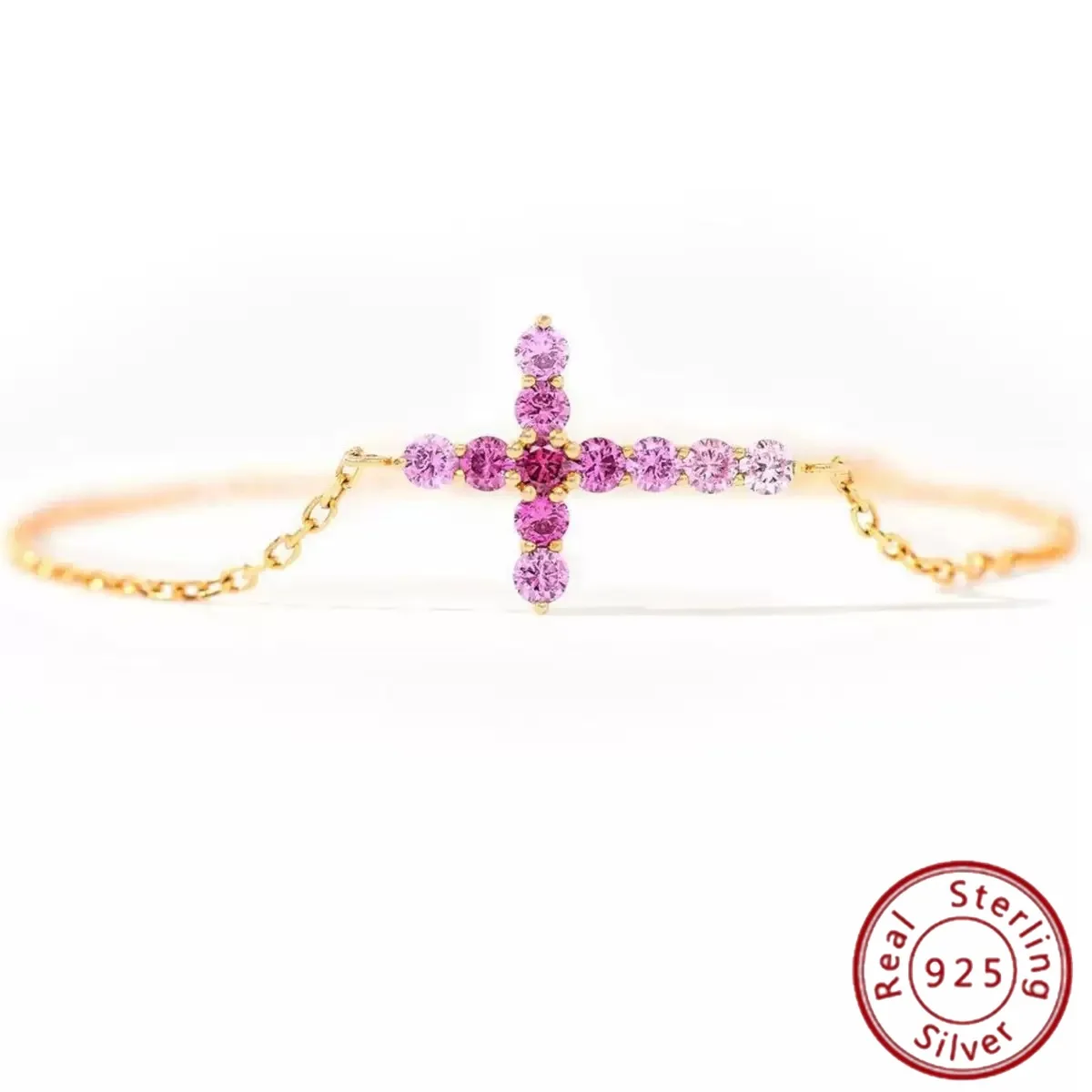 S925 Sterling Silver Pink Diamond Gradient Cross Women's Bracelet, European and American Fashion High-end Feel Bracelet
