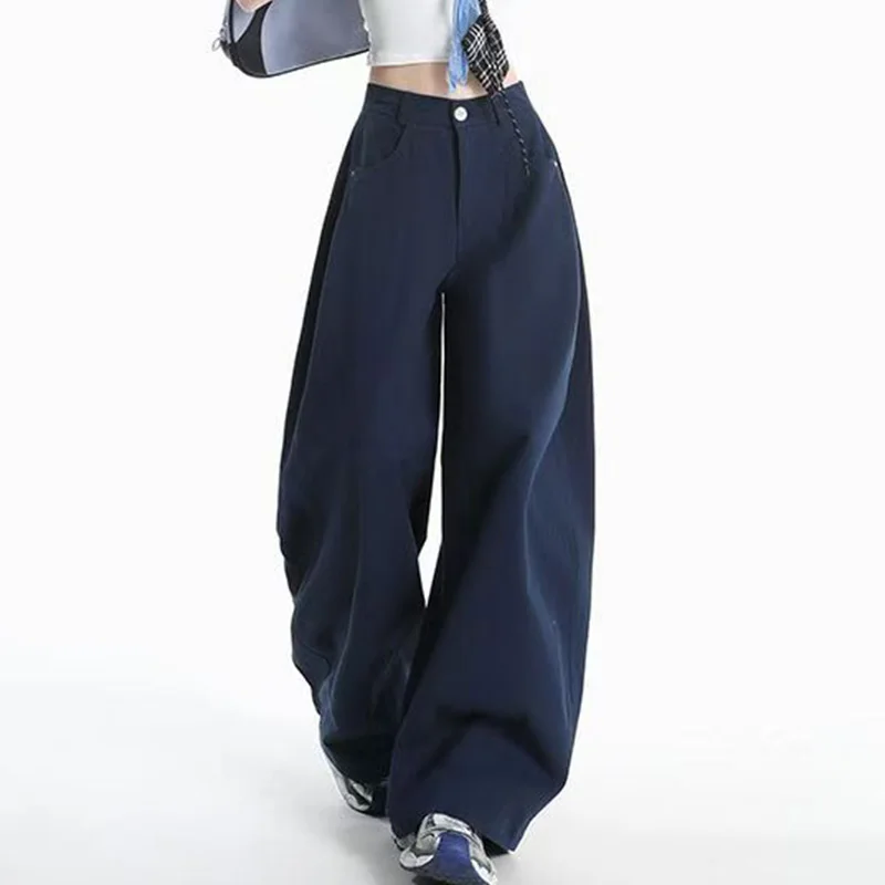 

Spring Autumn Loose High Waist Jeans Women Solid Color Wide Leg Jeans Woman Casual Button Zipper Full Length Pants Female