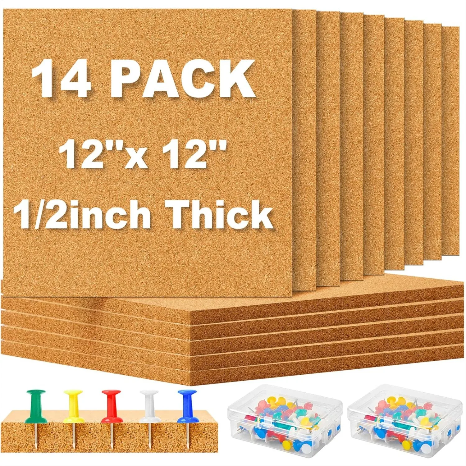 

Cork Board Tiles 12x12 in, 0.5 in Thick Self-Adhesive Bulletin Boards with Push Pins for Wall, 14 Pcs
