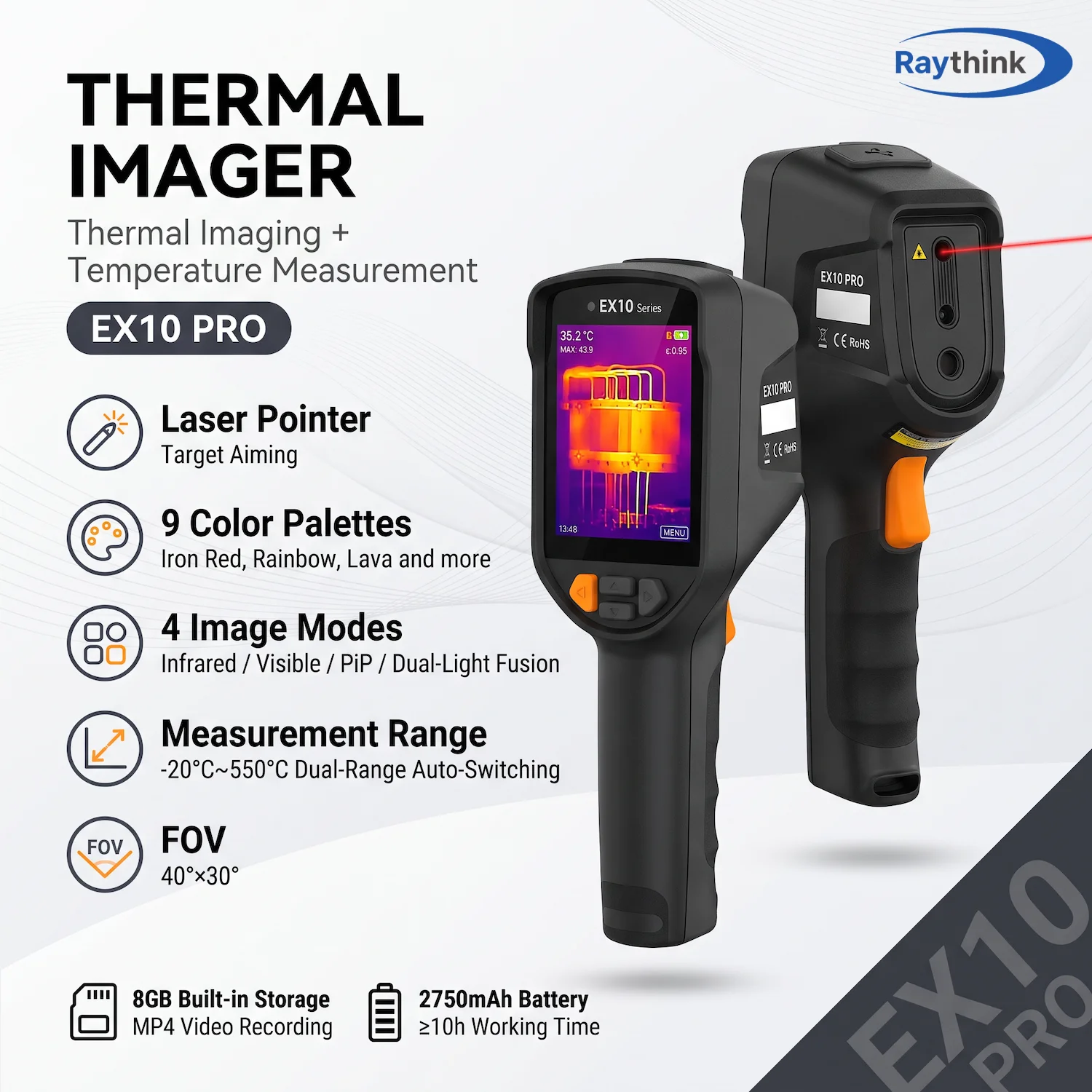 Raythink EX10 Pro Thermal Camera High/Low Temperature Alarm Isotherm Alarm Laser Pointer 4 Image Modes for Machinery Inspection