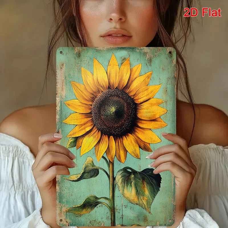 2D Flat, 1pc Large Turquoise Blue & Golden Sunflower Metal Wall Art Sign - Turquoise Stone-Like Texture, Rustic Farmhouse Decor