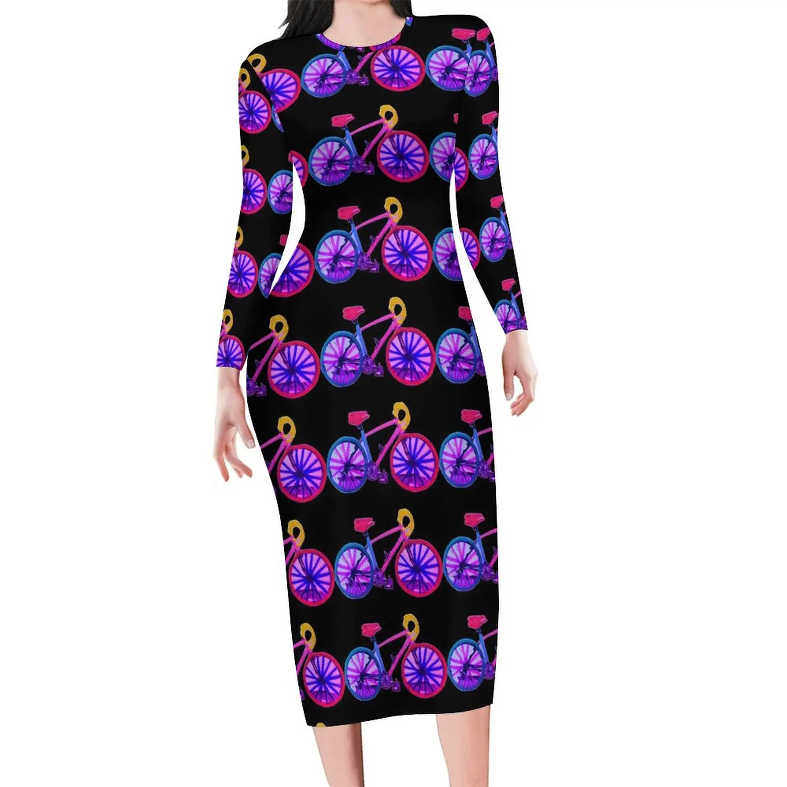 Bicycles Cycling Dress Long Sleeve Purple Black Red Fashion Dresses Spring Retro Bodycon Dress Woman Graphic Big Size Vestidos