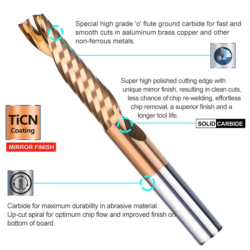 XCAN-Molino de extremo de corte de aluminio, vástago de 4, 6 y 8mm, revestimiento de TiCN de flauta única, CNC, broca de enrutador, cortador de