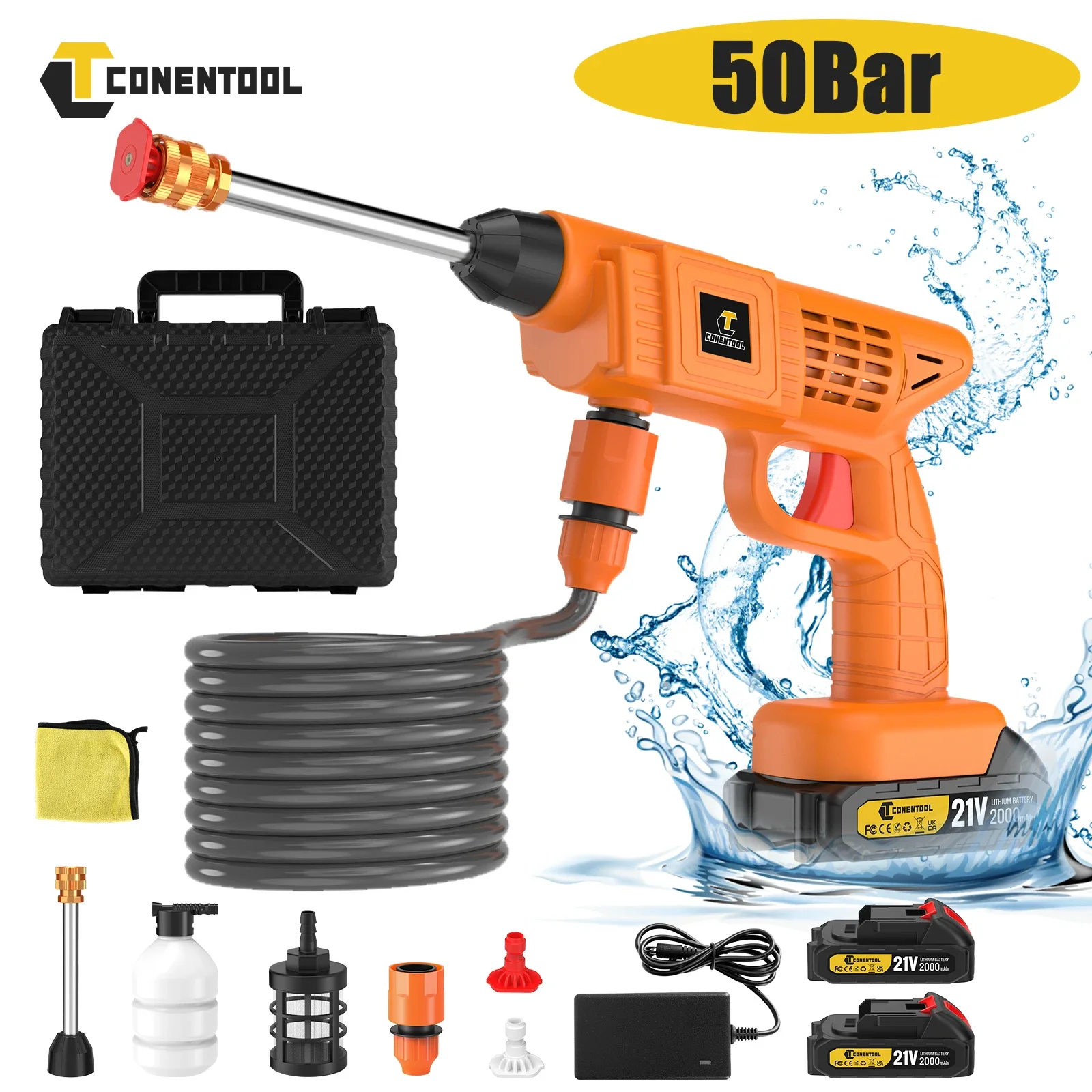 CONENTOOL Pistola ad Alta Pressione Portatile 50Bar per Lavaggio Auto, Pistola a Spruzzo con Tubo dell'Acqua da 5m, Pistola per Pulizia ad Acqua per Batteria Makita 18V
