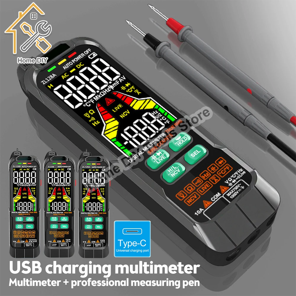 USB Charge Digital Multimetor Auto Range AC DC Rilevatore di Tensione di Corrente Penna True RMS Capacità Temp Smart Multimetro Tester