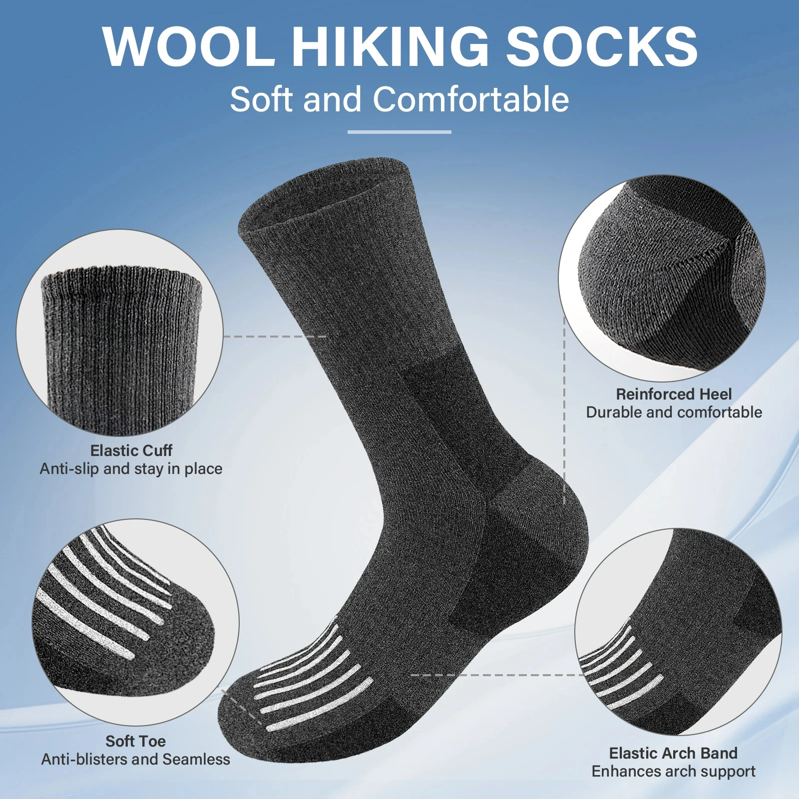 5 Pairs Merino Wool Socks Men's Wool Hiking Socks Soft Warm Winter Casual Crew Moisture-Wicking Socks for Indoors Outdoors