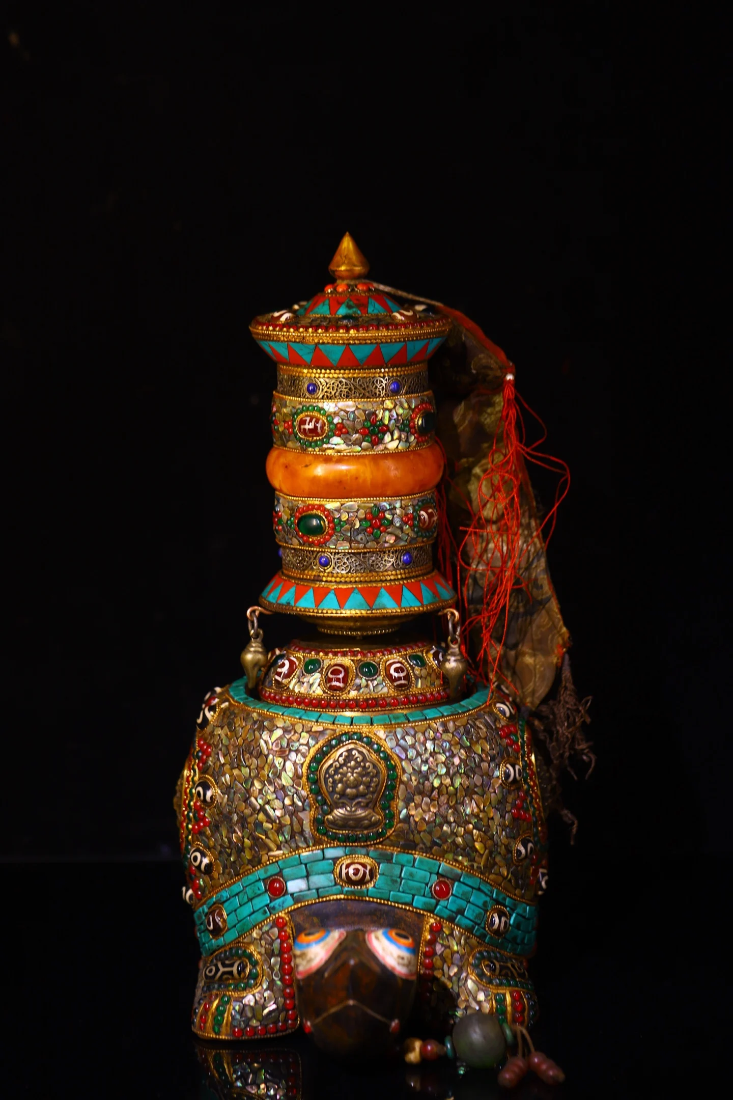 

Old Natural Meteorite Painted Mosaic Gem gZi Beads Turquoise Turtle statue base Tibetan silver prayer wheel Worship Hall