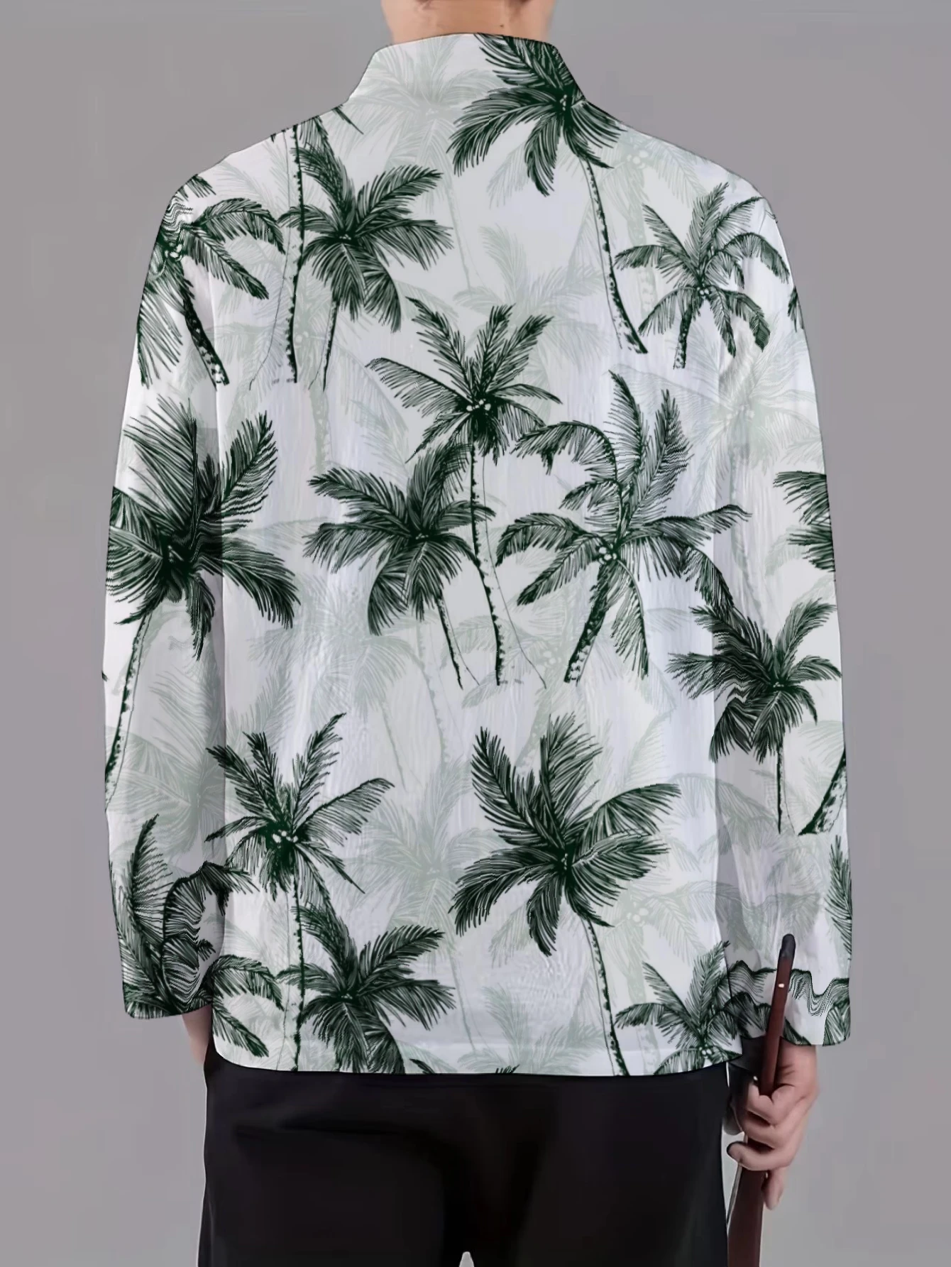 Men Mandarin Collar Frog Button Jacket Palm Tree Tropical Print Traditional Outerwear