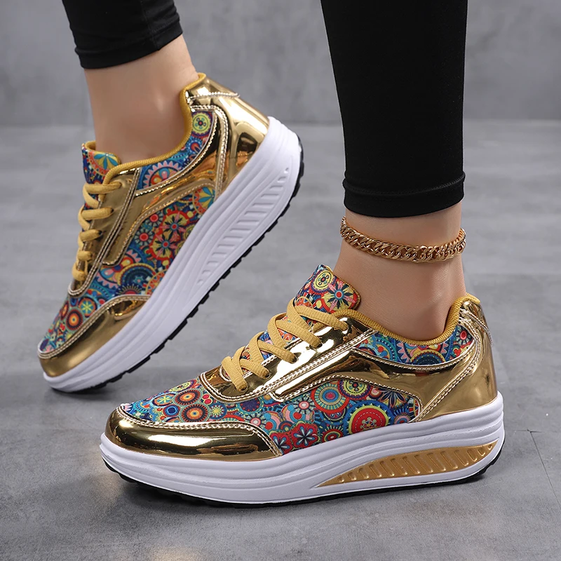 

Graffiti Print Casual Sneakers Woman Gold Silver Designer Shoes Luxury Glitter Shiny Women's Platform Sneakers Wedges Trainers