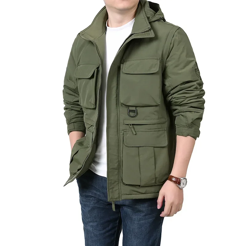 

Spring and Autumn Large Size Jacket Men's Hood Off Sleeves Multi-Pocket Tooling Jacket Outdoor Casual Jacket