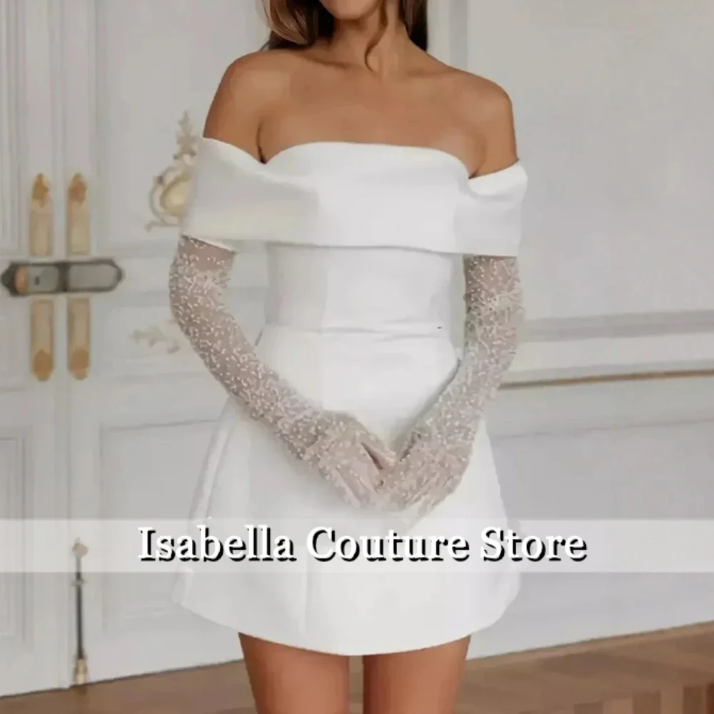 

White Elegant Off The Shoulder Formal Gown Satin Prom Dresses With Pearls Gloves Mini Skirt Evening Dress Party Gown Customized