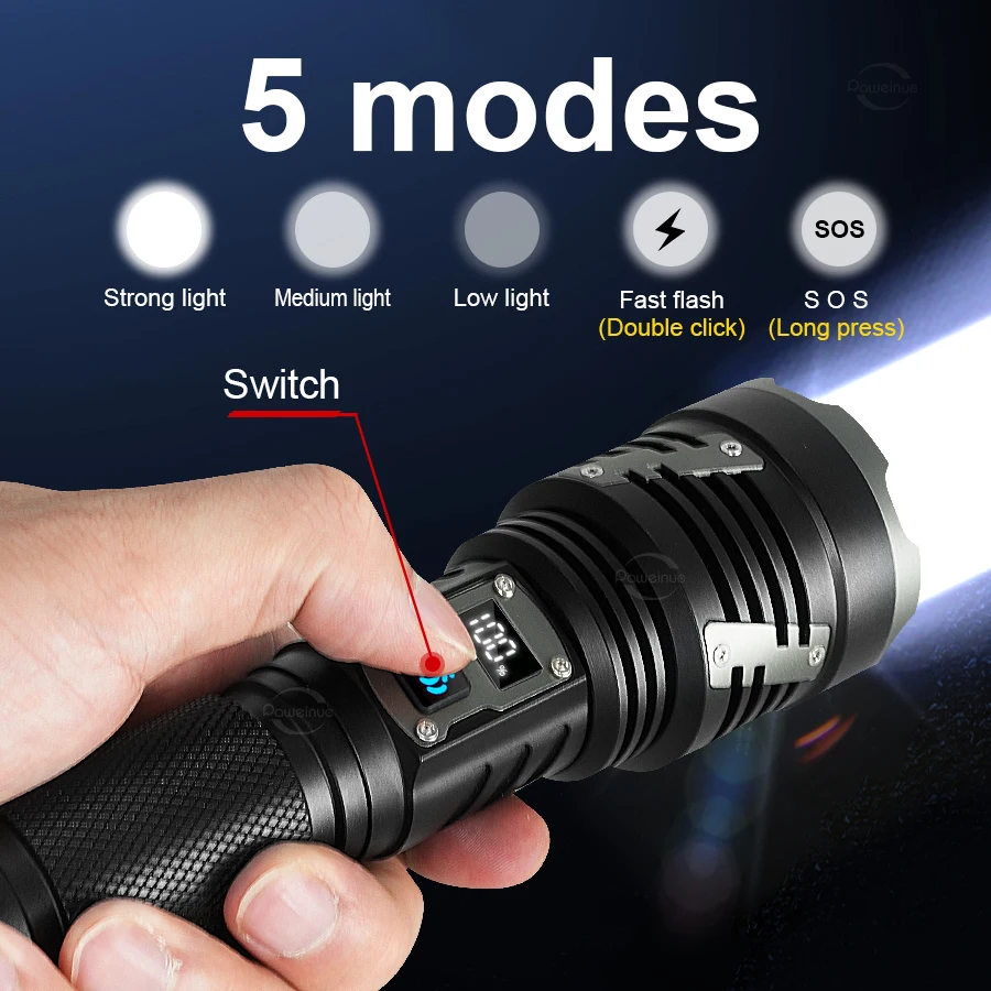 20000000LM XHP360 Strong Light LED Flashlight Zoomable Torch Rechargeable Lamp Tactical Lantern With Power Display Outdoor Light