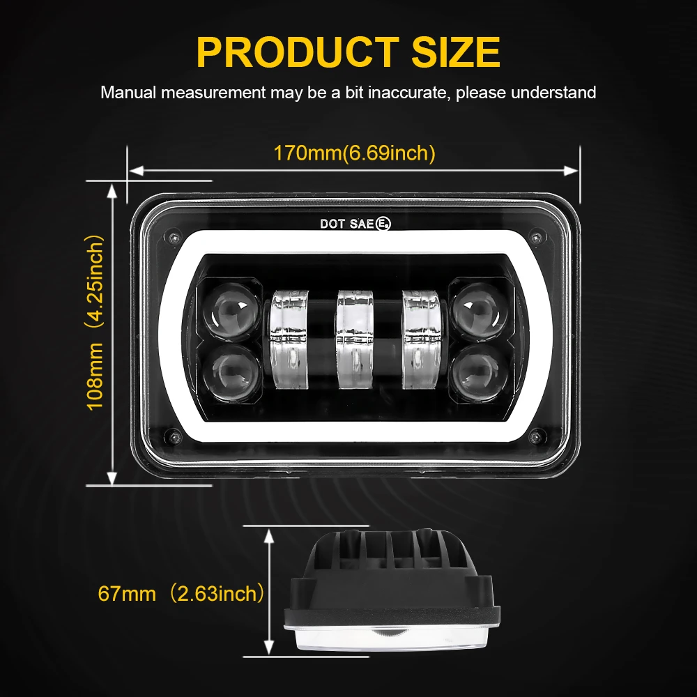 HL 4PCS 4x6 inch 90w LED Headlights with DRL for Peterbil Kenworth Freightinger Ford Probe Chevrolet Oldsmobile off-road use 12V