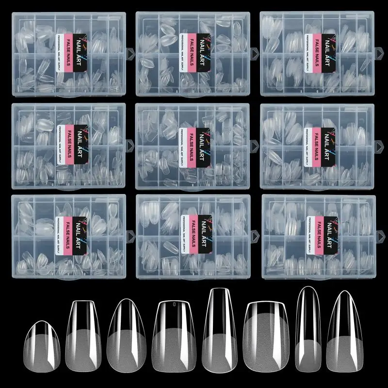 216 pièces presse sans couture sur faux ongles conseils Transparent couverture complète pointe d'ongle demi-mat Long cercueil amande ongles artificiels