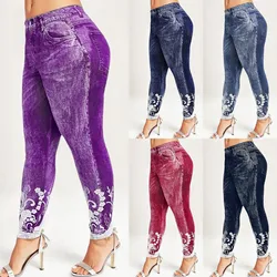 Womens Leggings Imitation Jeans Floral Printing Elastic Waist Pencil Pants Jeggings Plus Size Legging Ladies Sweatpants Trousers