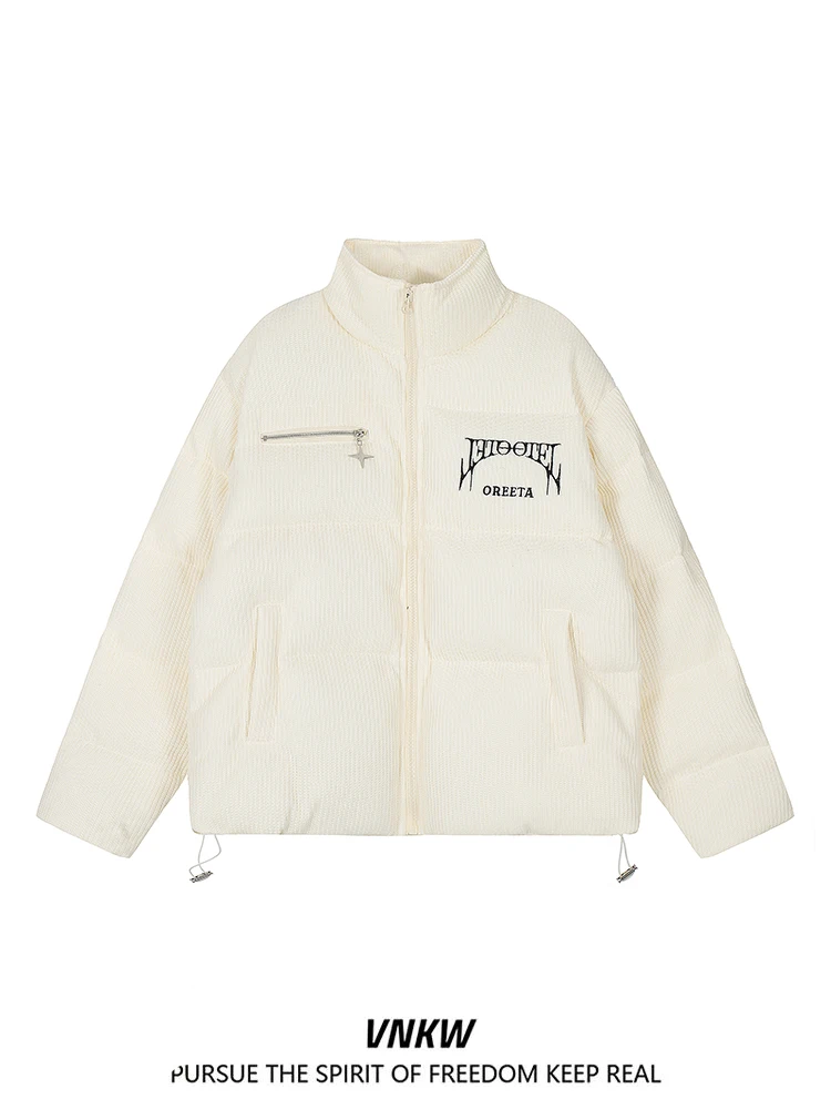 

Ретро американская текстурированная вышивка воротник-стойка хлопковая куртка для мужчин и женщин зимнее свободное теплое хлопковое пальто на молнии