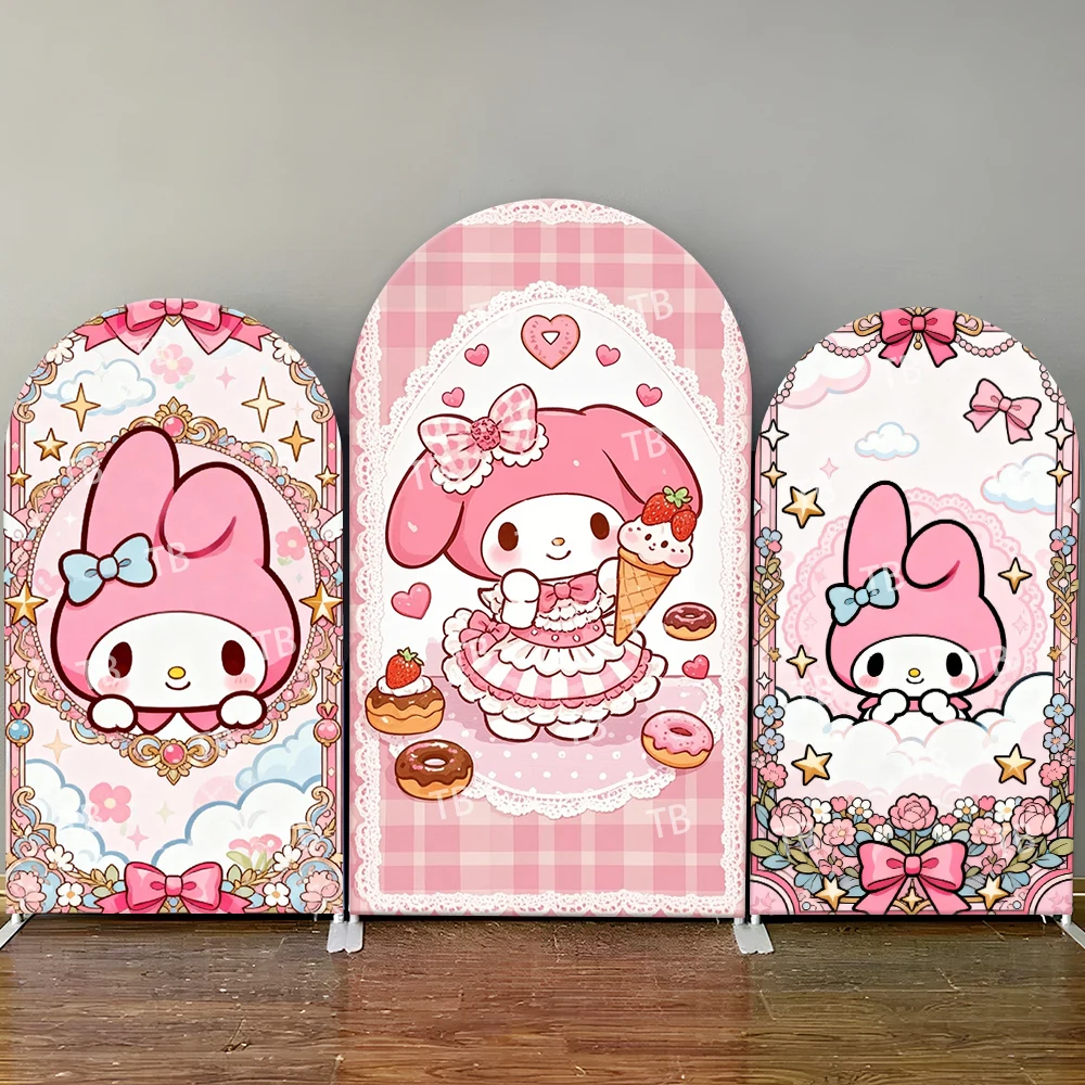 

My Melody Arch Backdrop Cover Pink Plaid Lace Sweet Dessert Scene For Girls Birthday Party Cartoon Theme Photo Booth Decor Prop