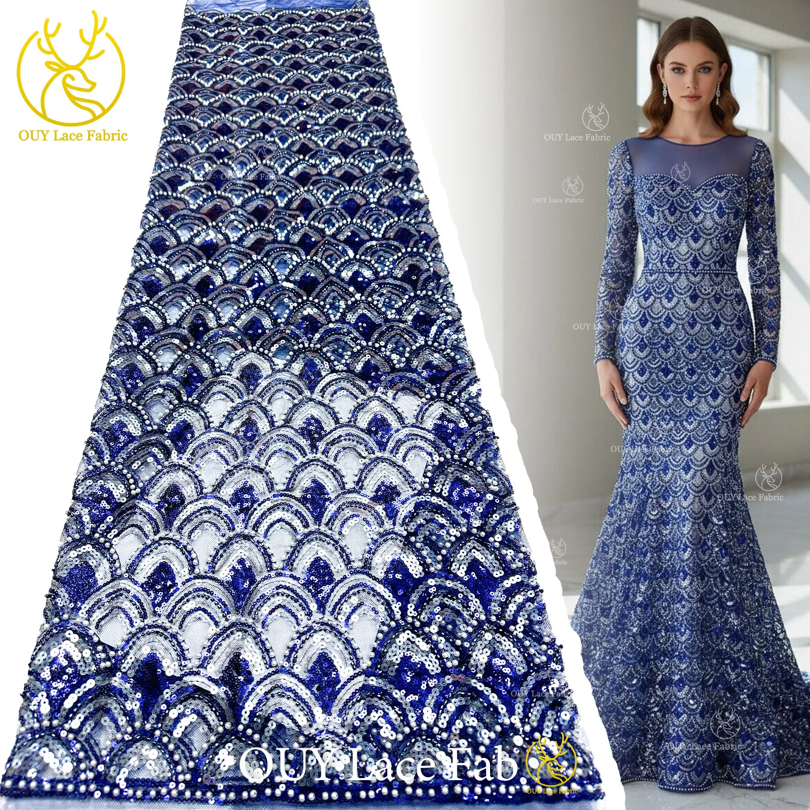 

2026 Luxury African Beaded Lace Fabric 5 Yards High-Quality Nigerian French Sequin Tulle Lace Fabric Ideal for Wedding Banquets