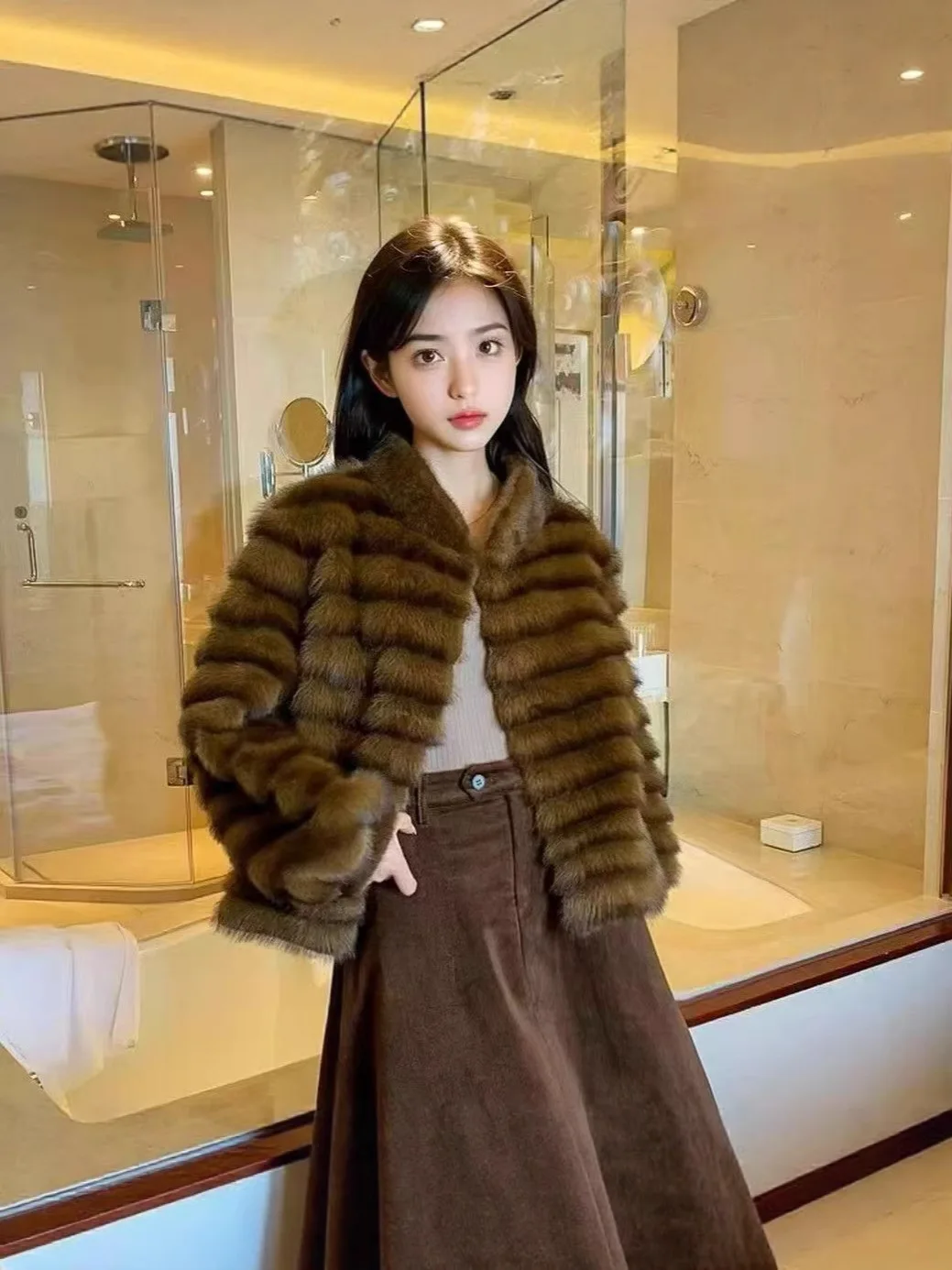 

Длинное пальто из искусственного меха, женские пальто, окрашенные на кончиках, тонкие, для фитнеса, для девочек, модные, элегантные, для похудения, полностью тканые, модные, с завязками для женщин