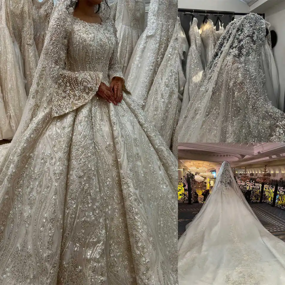 Gorgeous A-Line Wedding Dress For Women Sequins Beads  Long Sleeves Bridal Gown Sweep Train Dresses Customized