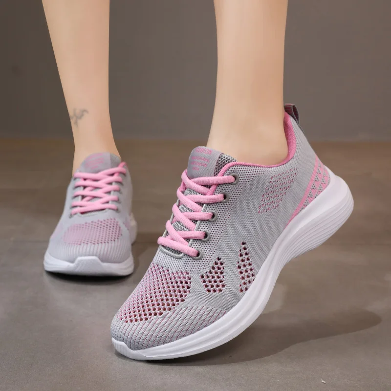 Zapatillas deportivas de malla vulcanizada para mujer, zapatos planos transpirables con cordones, zapatillas informales cómodas para correr, Primavera, 2023