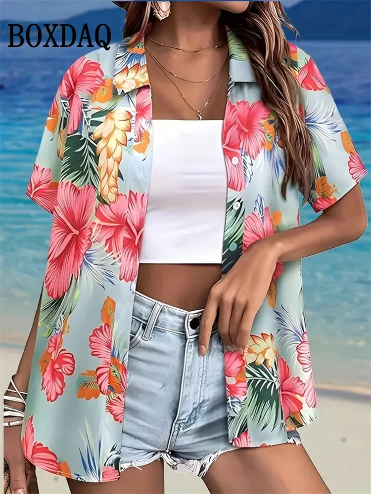 Blusa hawaiana de moda de verano para mujer, estampado de árbol de coco, solapa de manga corta, camisa informal con botones, Tops, camisa hawaiana de playa para mujer