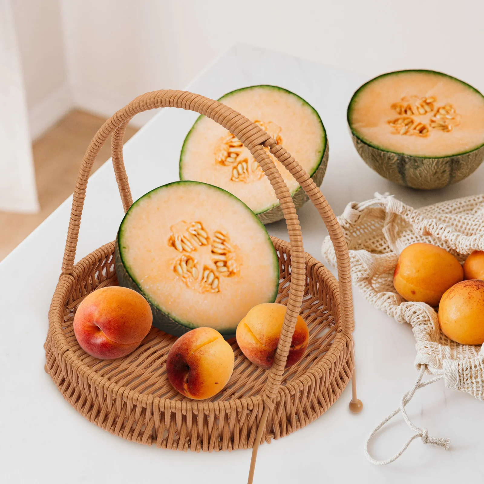 

Imitation Rattan Basket Large Food Serving Tray Woven Containers Fruit Storage PP Material Bakery Coffee