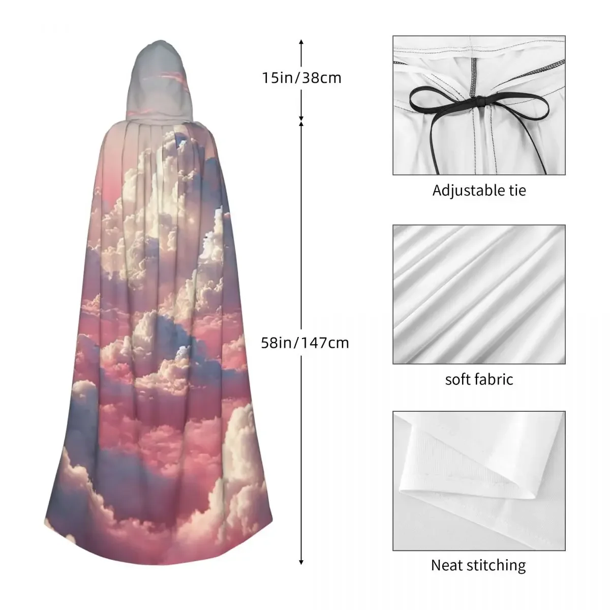 Custom Pink Clouds Sky Large Sunset Glow Long Hooded Cloak Witch Medieval Costume Cosplay Cape HalloweenParty Adult Unisex