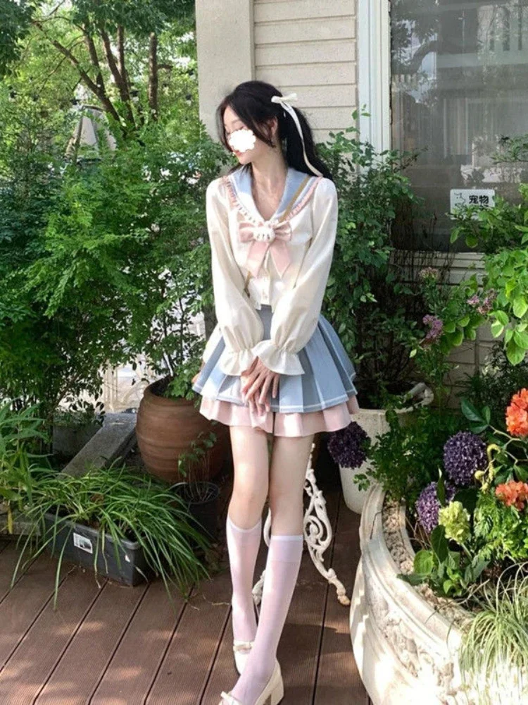

2000s Elegant Vintage Suits Korean Fashion Clothing Japanese Kawaii 2 Piece Sets Women Bow Y2k Crop Top Blouse + Mini Skirts
