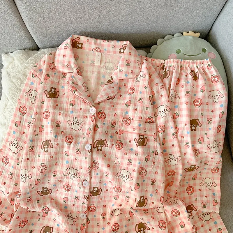 

Розовая клетчатая пижама с принтом кролика в стиле Харадзюку, милый милый модный комплект из 2 предметов, одежда для дома, осенняя новинка 2025 года, женская одежда для сна