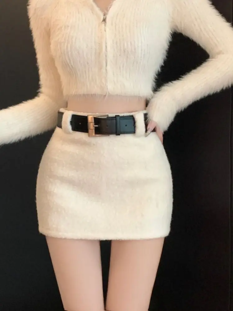 Korejpaa Khaki Woman Skirt 2025 Spring Lamb Wool Slimming Bodycon Skirts Outwear Versatile High Waisted Gentle Solid Clothes