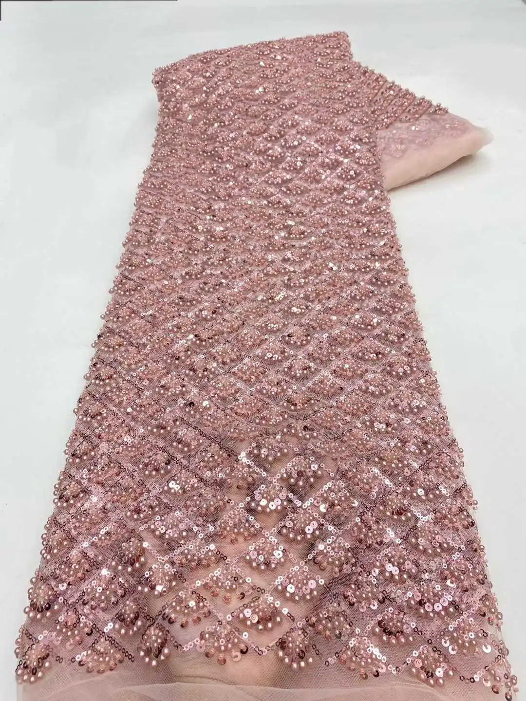 Tessuto di pizzo tull nigeriano di lusso con paillettes di perline fatte a mano per le donne Moda africana 5 metri - Ultimo design di tessuti da sposa