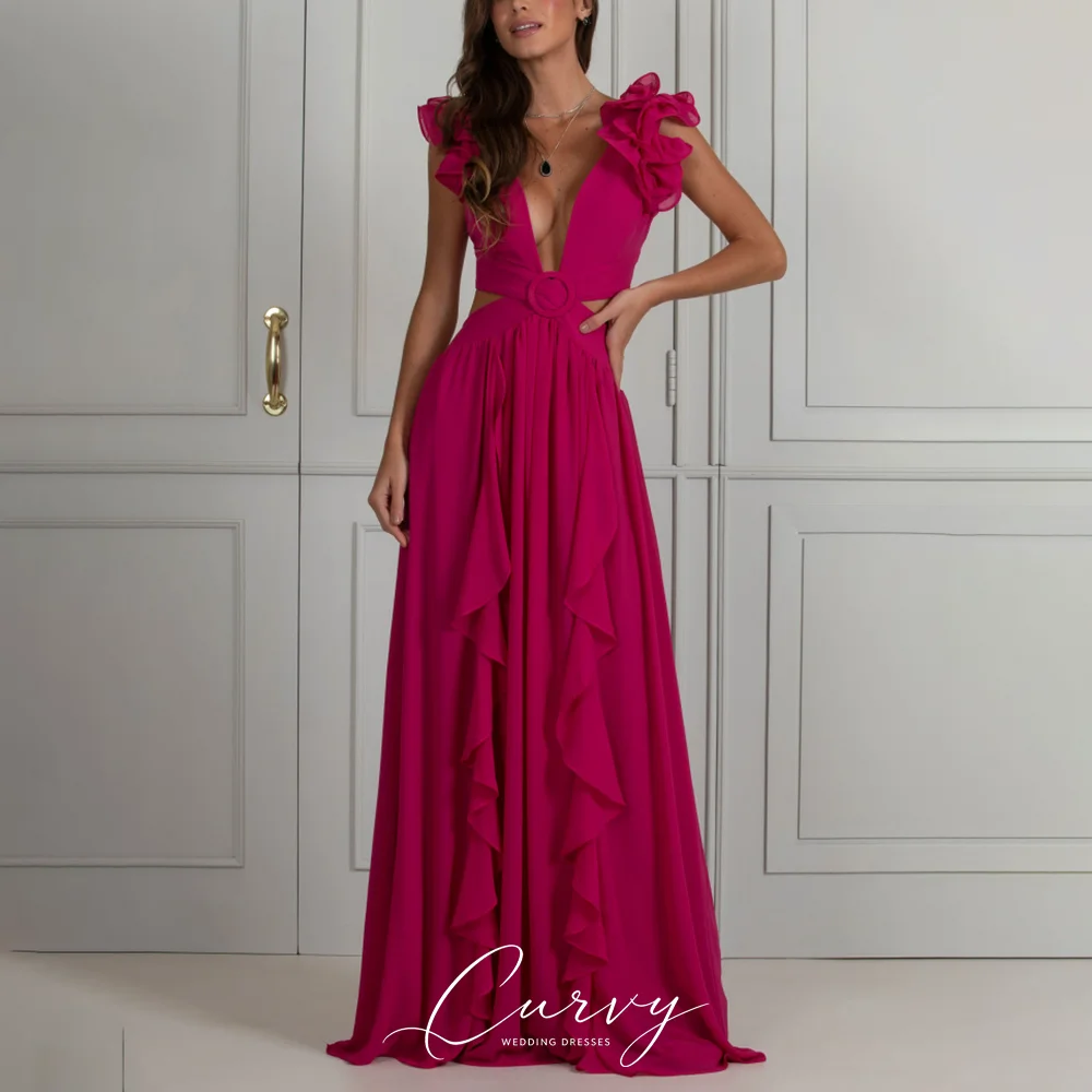 Vestido de Noche de Gasa para Mujer con Cuello en V, Manga con Volantes, Corte en la Cintura y Espalda con Cordones, Estilo Curvy Bold Resort, Personalizado 2026