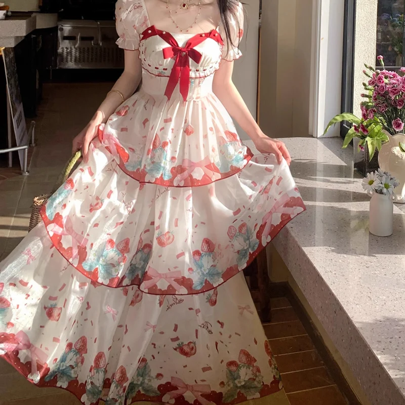 

Cute And Super Sweet Countryside Style Printed Waist Cinching Cake Dress Japanese Sweet Girl Tea Party Dress