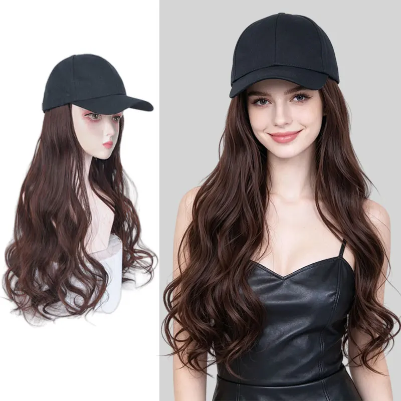 24inch European and American Style Women's Baseball Cap with Integrated Wig, Natural Big Wave High-Temperature Silk Hat Wig, Suitable for Daily Use, Dating, Parties, Photography, Makeup, and Other Occasions The Best Choice as a Gift