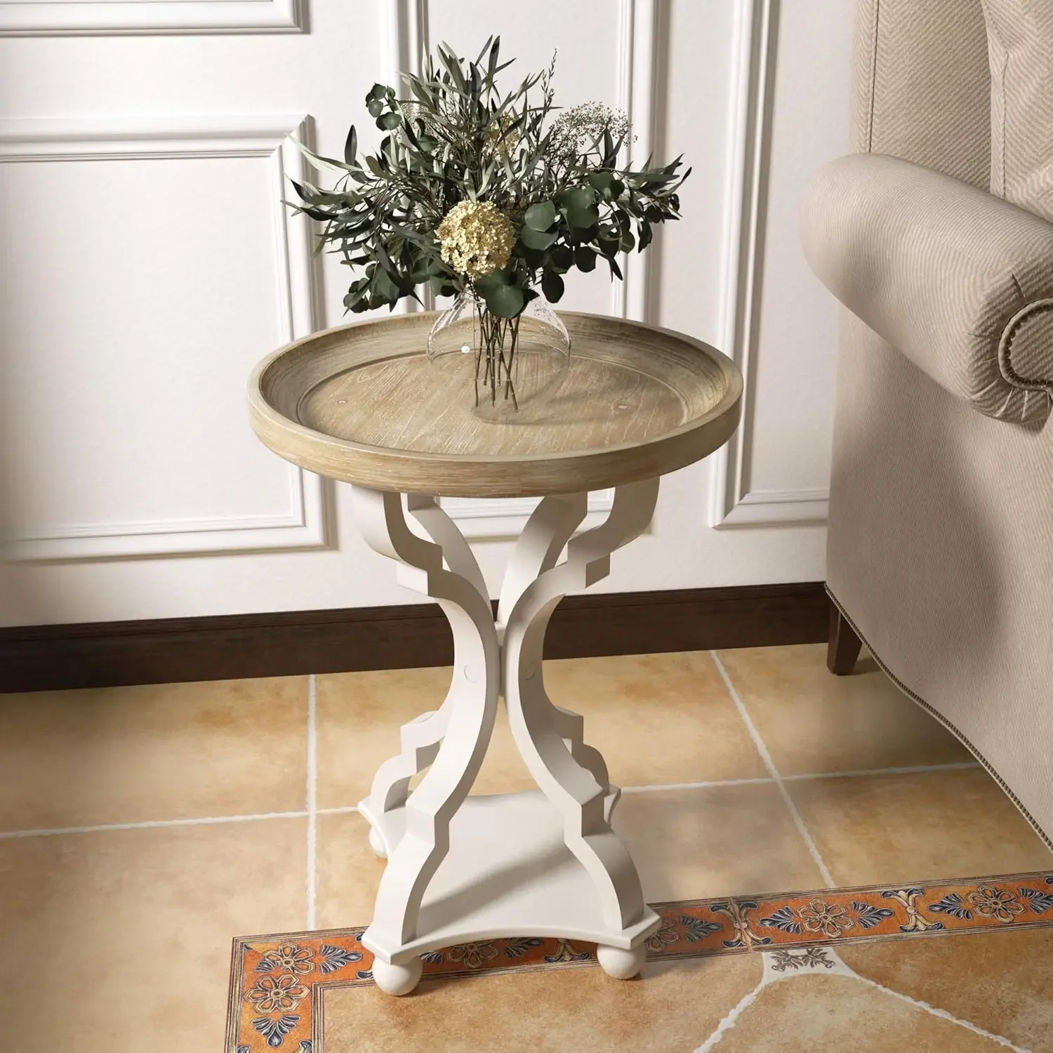 Farmhouse Cottagecore Accent End Table, Natural Tray Top Side Table Nightstand for Family, Dinning or Living Room