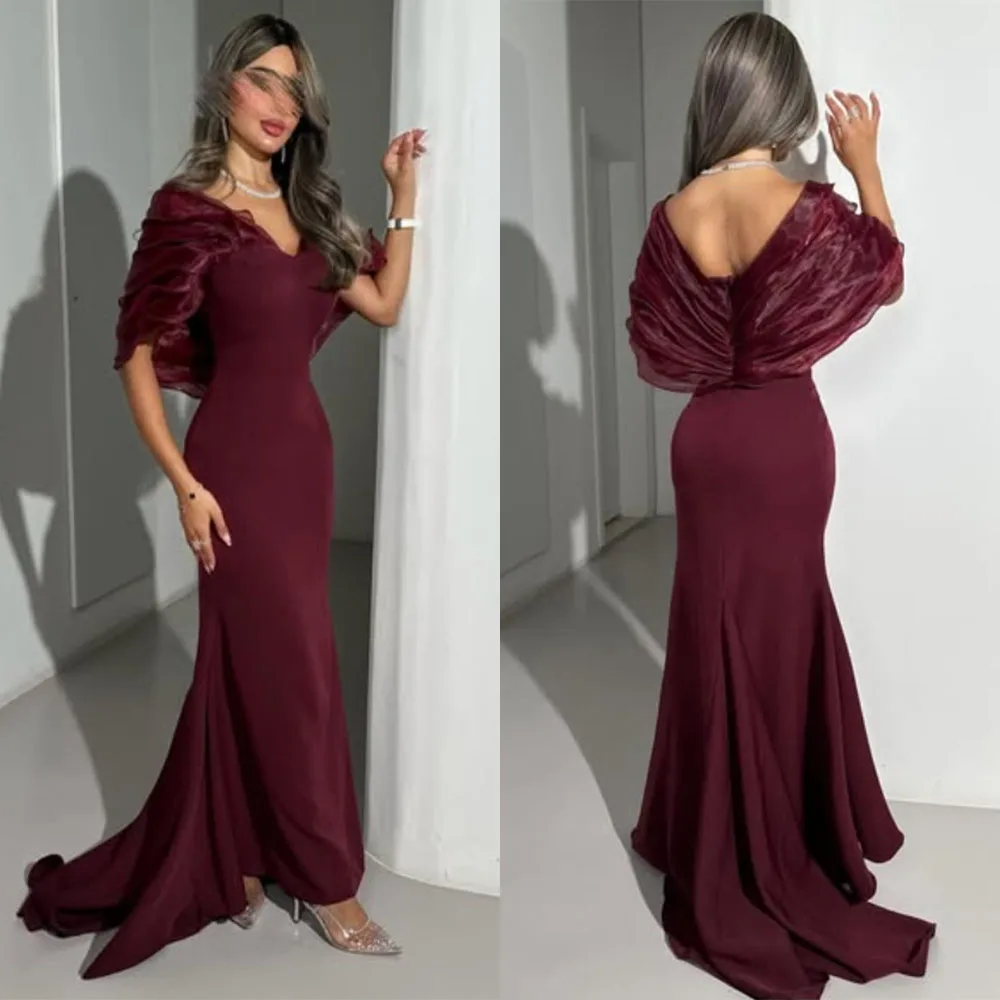 

High Quality Customized Ankle Length Sweep Train Backless Pleat V-neck A-line Vestidos Elegantes Para Boda Invitada Dress فستان