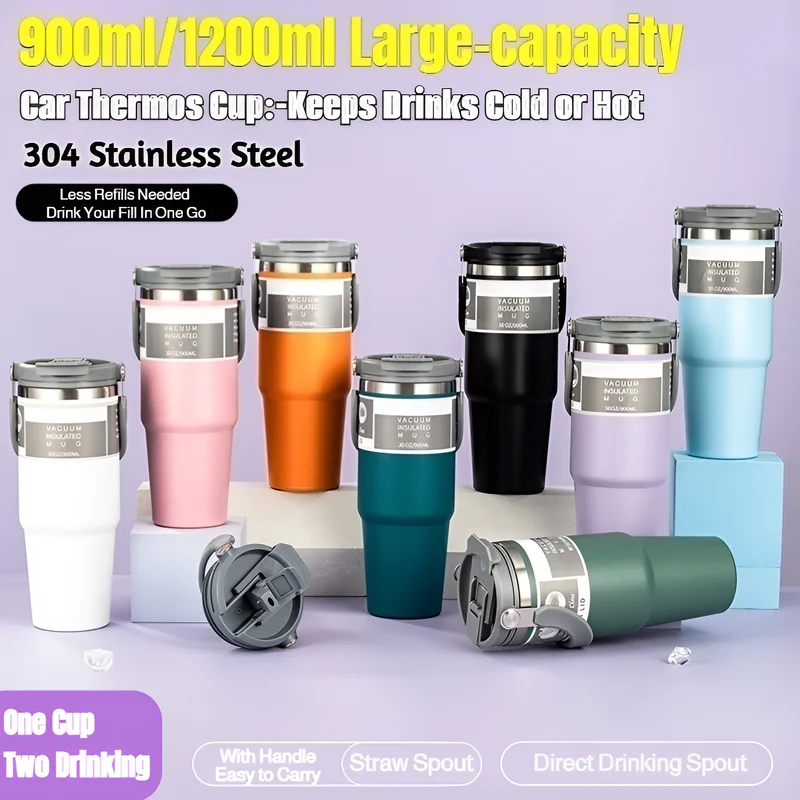 

30Oz/40Oz Thermal Mug Keep Hot&Cold 304 Stainless Steel Coffee Mug Straw or Direct Dual Drinking Handheld Outdoor Travel Car Cup