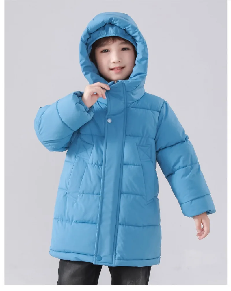Simple Kids Casual Warm Cotton Jacket Students Outdoor Sports Windproof Mid-length Coat Thickened Fleece Top Boys Girls Children
