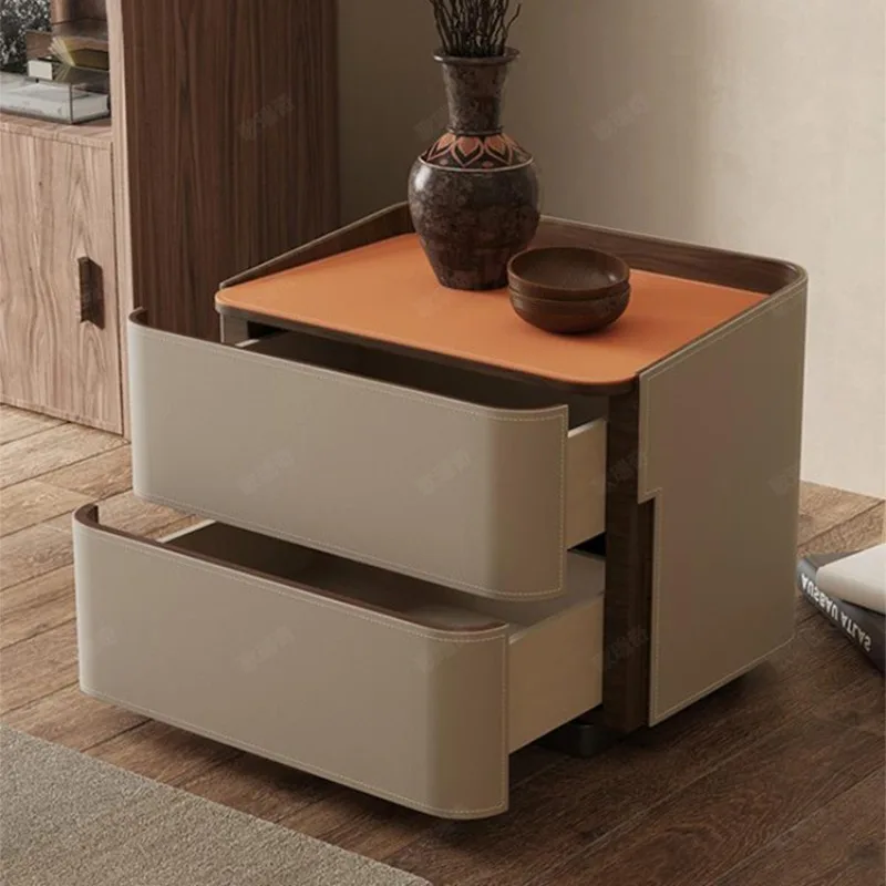 

Italian minimalist saddle leather bedside,bedroom household high-end light luxury storage,simple modern solid wood side cabinet