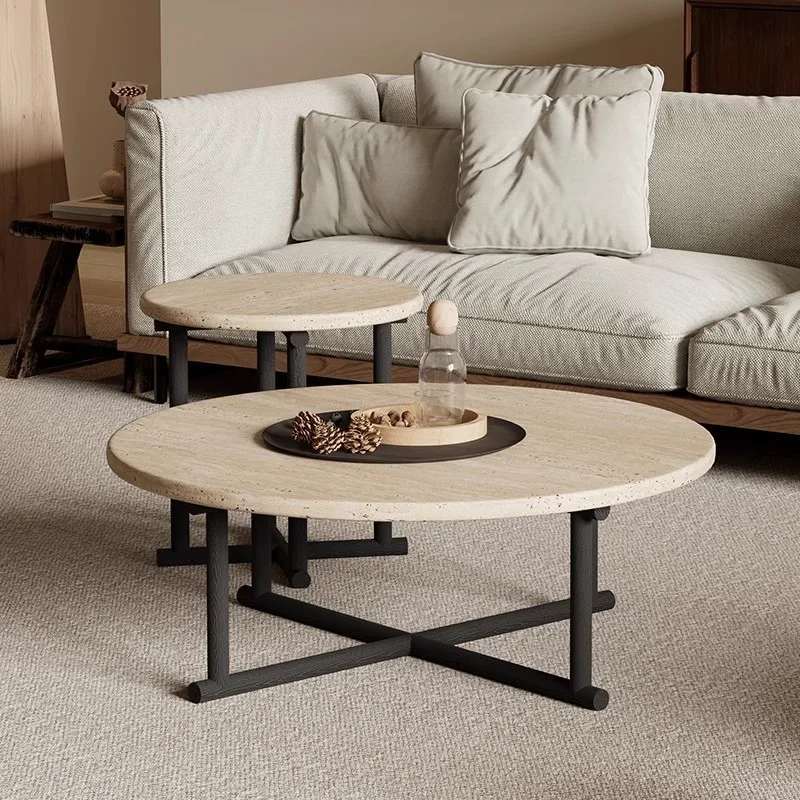 โต๊ะกาแฟหินอ่อนธรรมชาติ ห้องนั่งเล่น บ้านพักอาศัย อพาร์ทเมนต์ขนาดเล็ก ปี 2024 ใหม่ โฮมสเตย์ สไตล์เรโทร โต๊ะกลมไม้จริง
